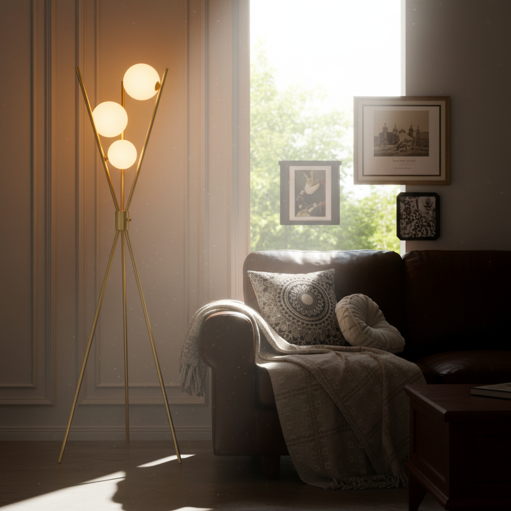 Ellington Collection | Hairpin-Legged Brass-Accented Brushed Brass Tripod - revealing tonal warmth and surface patina under ambient light in a Mid-Century Modern living room setting.