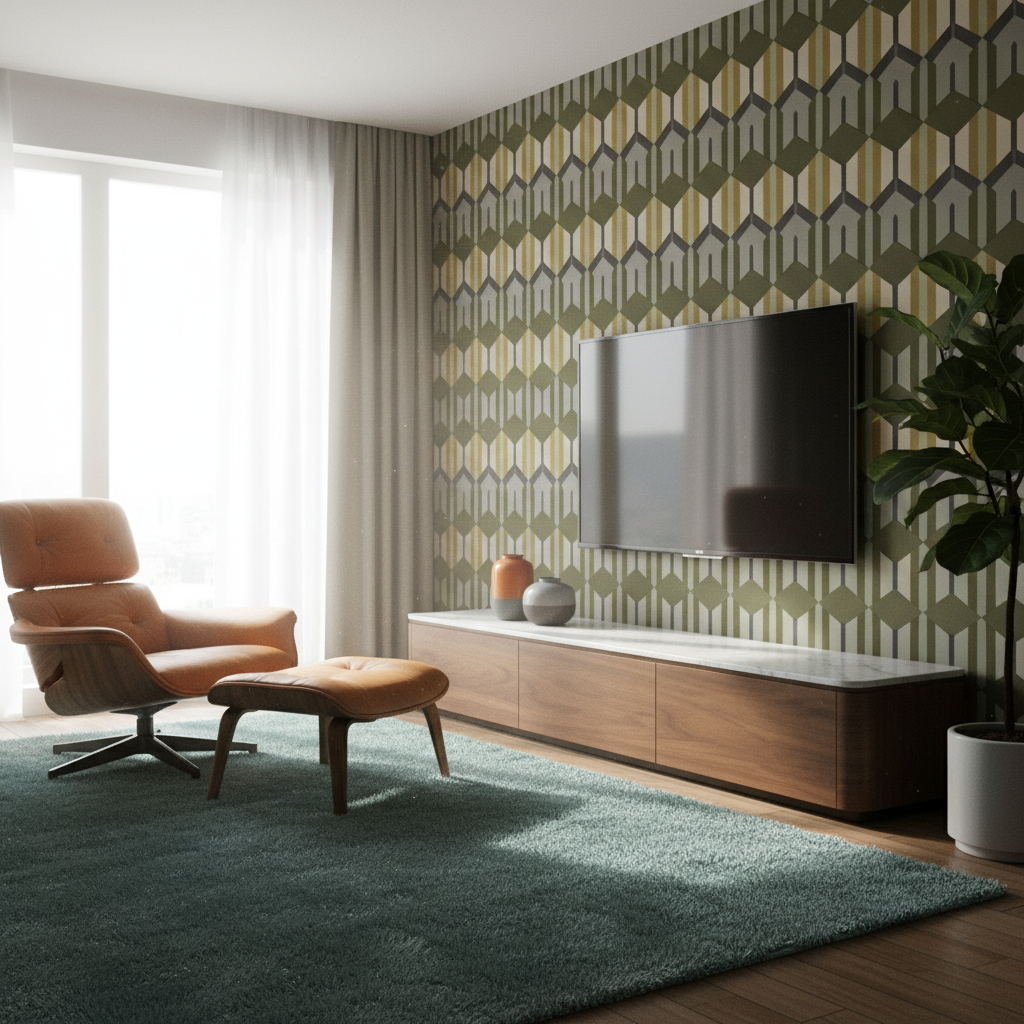 Belmont Collection | Hairpin-Legged Brass-Accented Walnut Console - revealing tonal warmth and surface patina under ambient light in a Mid-Century Modern entryway setting.