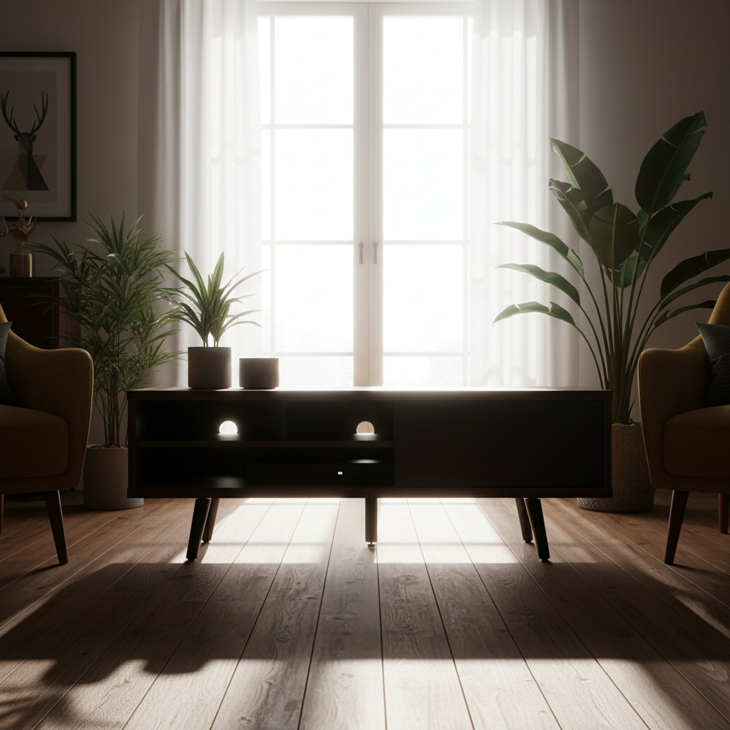 Ellington Collection | Grand Walnut Media Console - revealing tonal warmth and surface patina under ambient light in a Mid-Century Modern entryway setting.