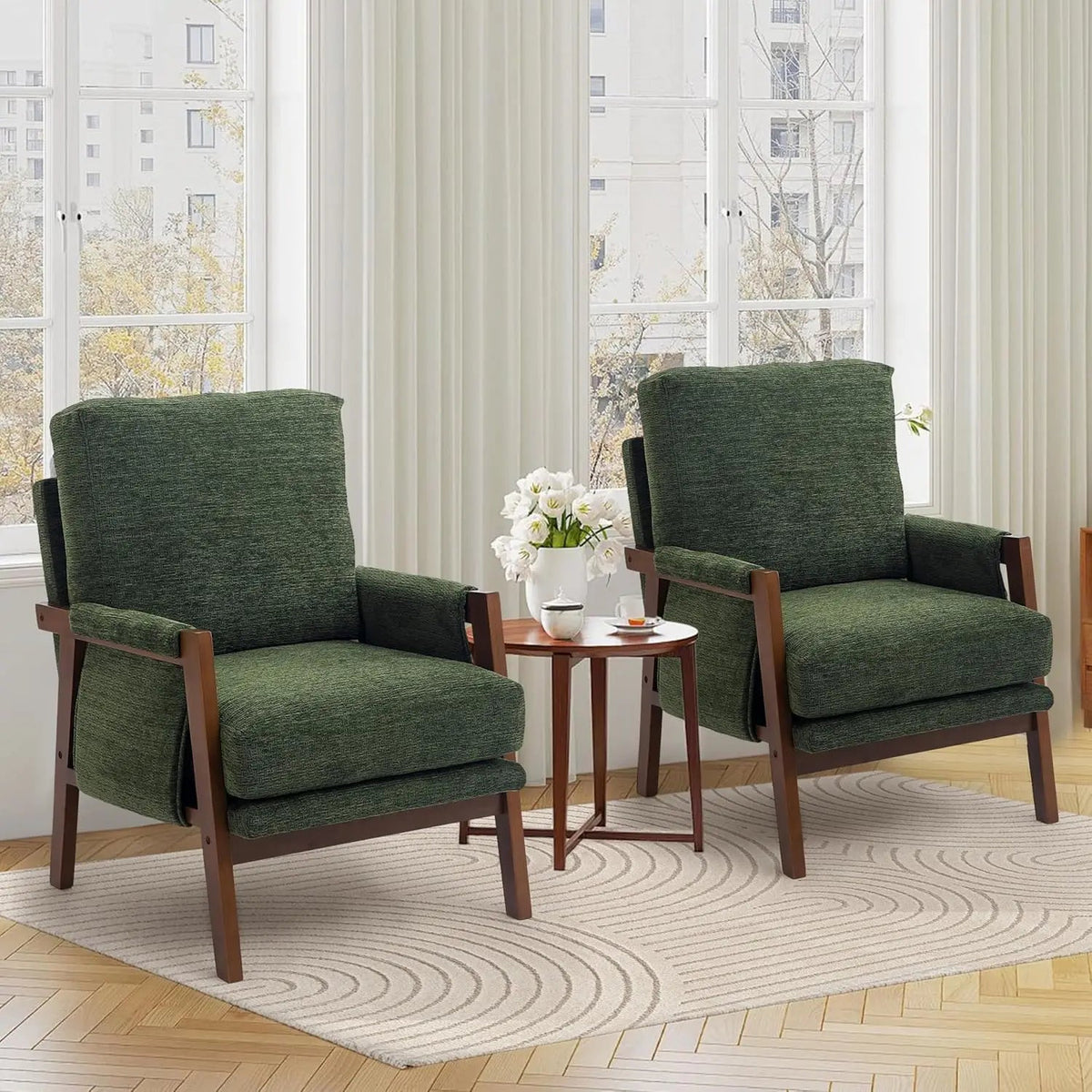 Ellington Collection | Tapered-Leg Brass-Accented Walnut & Brass Accent Chair - detail view 12 revealing design nuance in a Mid-Century Modern living room setting.