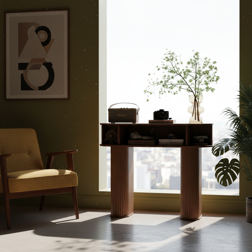 Fontaine Collection | Tapered-Leg Gold-Trimmed Walnut Round Console - revealing tonal warmth and surface patina under ambient light in a Mid-Century Modern entryway setting.