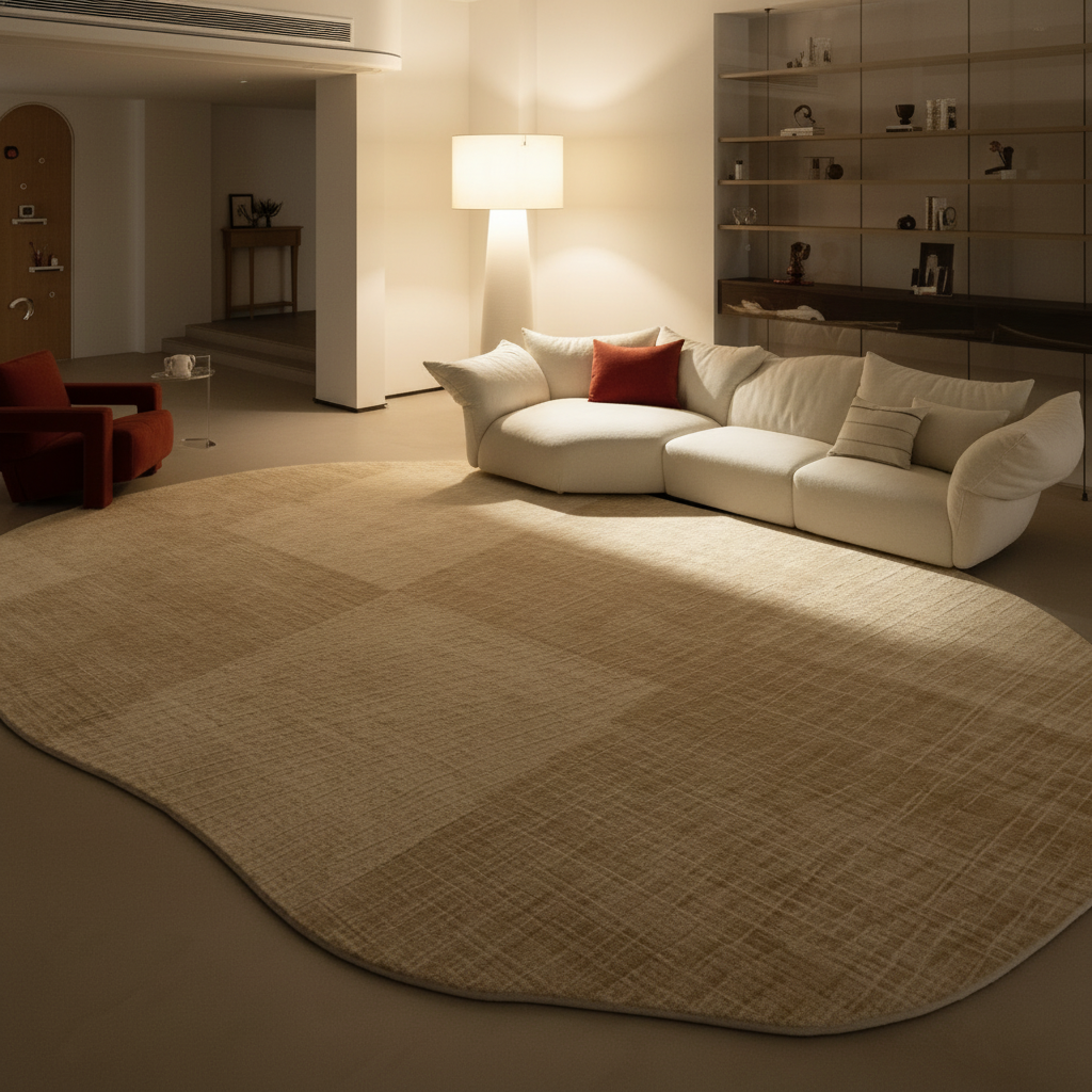 Fontaine Collection | Geometric Atomic-Era Irregular-Form Carpet - detail view 17 revealing design nuance in a Mid-Century Modern living room setting.