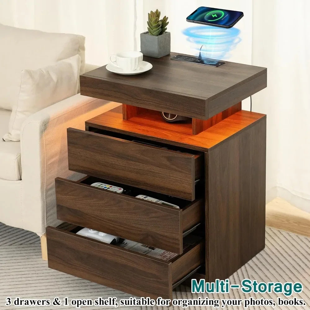 Meridian Collection | Streamlined Brass-Accented LED Nightstand with Charging - presented at scale within a designed interior in a Mid-Century Modern bedroom setting.