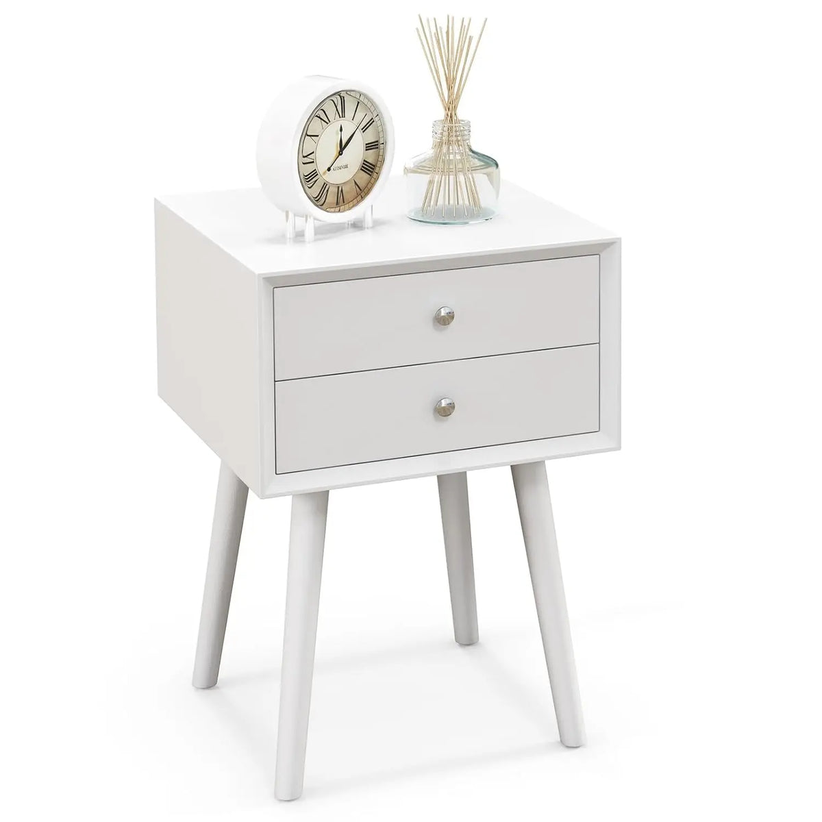 Dresden Collection | Drawer Walnut Nightstand - captured in a curated lifestyle vignette in a Mid-Century Modern bedroom setting.