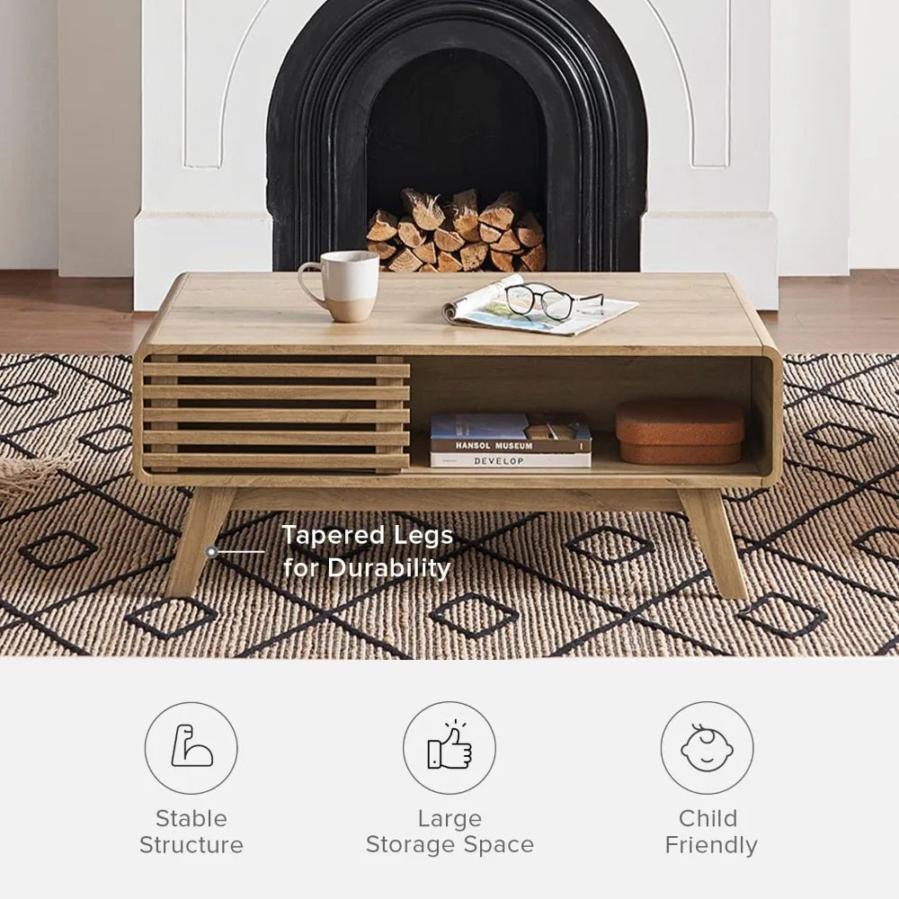 Belmont Collection | Fluted Atomic-Era White Oak Coffee Table - styled from an alternate angle revealing dimensional depth in a Mid-Century Modern living room setting.