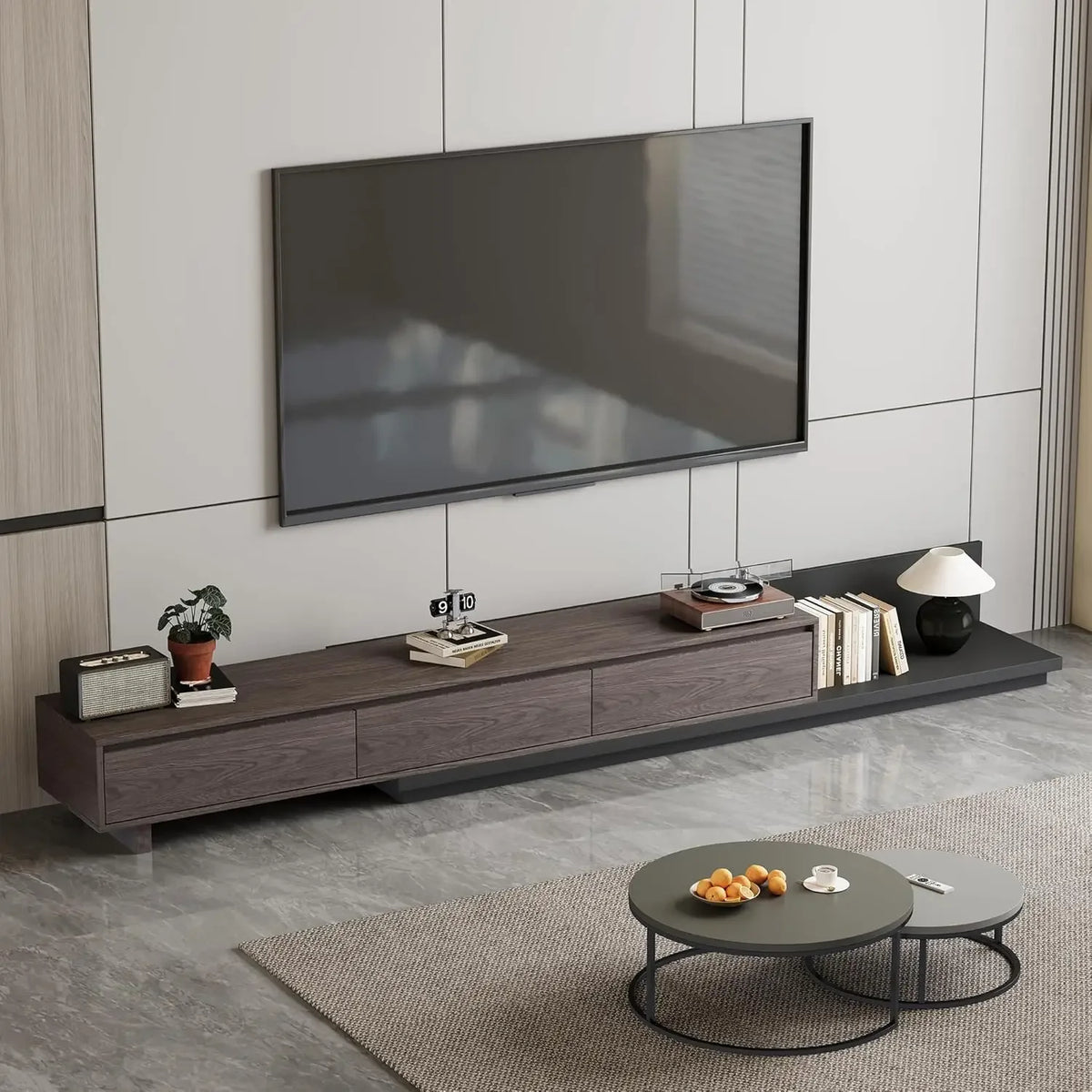 Fontaine Collection | Grand Brass-Accented Walnut Media Console - showcasing form and function in daily use context in a Mid-Century Modern entryway setting.