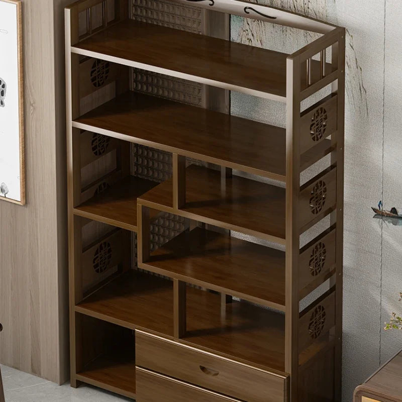 Dresden Collection | Tapered-Leg Brass-Accented Walnut Storage Bookcase - showcasing full sculptural form and material finish in a Mid-Century Modern home office setting.
