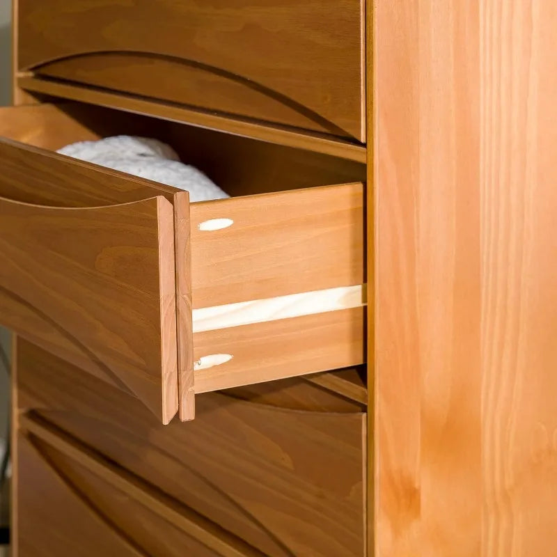 Dresden Collection | Geometric Brass-Accented Caramel-Finished Solid Wood Dresser - featuring close-up joinery and artisanal finish quality in a Mid-Century Modern bedroom setting.