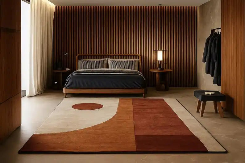 Astoria Collection | Geometric Atomic-Era Geometric Wool Rug - exhibiting shadow play and geometric silhouette detail in a Mid-Century Modern living room setting.