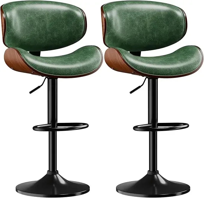 Fontaine Collection | Arched Leather-Wrapped Swivel Stools - styled from an alternate angle revealing dimensional depth in a Mid-Century Modern living room setting.
