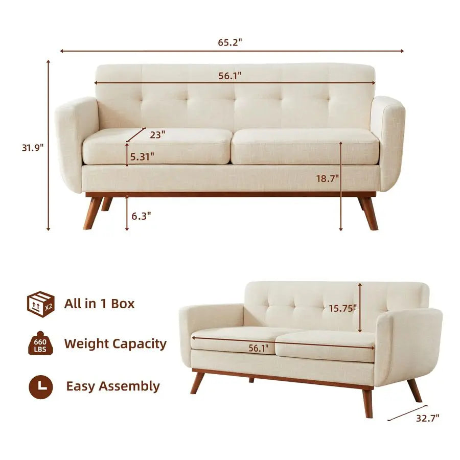 Dresden Collection | Tapered-Leg Leather-Wrapped Walnut Loveseat - highlighting material texture and craftsmanship detail in a Mid-Century Modern living room setting.