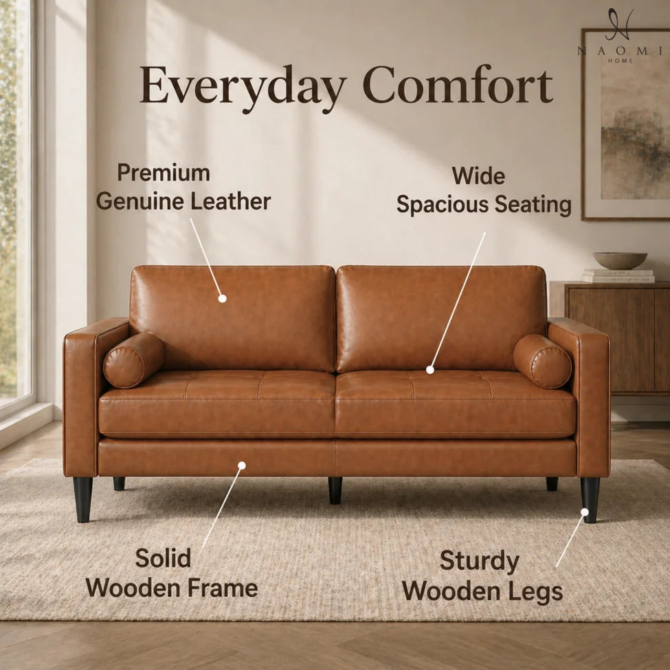 Marisa Genuine Leather Mid-Century Modern Sofa, Removable Cushions, Matching Bolster Pillows, Plush Foam Comfort, Sturdy Hardwood Frame, Spacious 3-Seater Seating, Tan