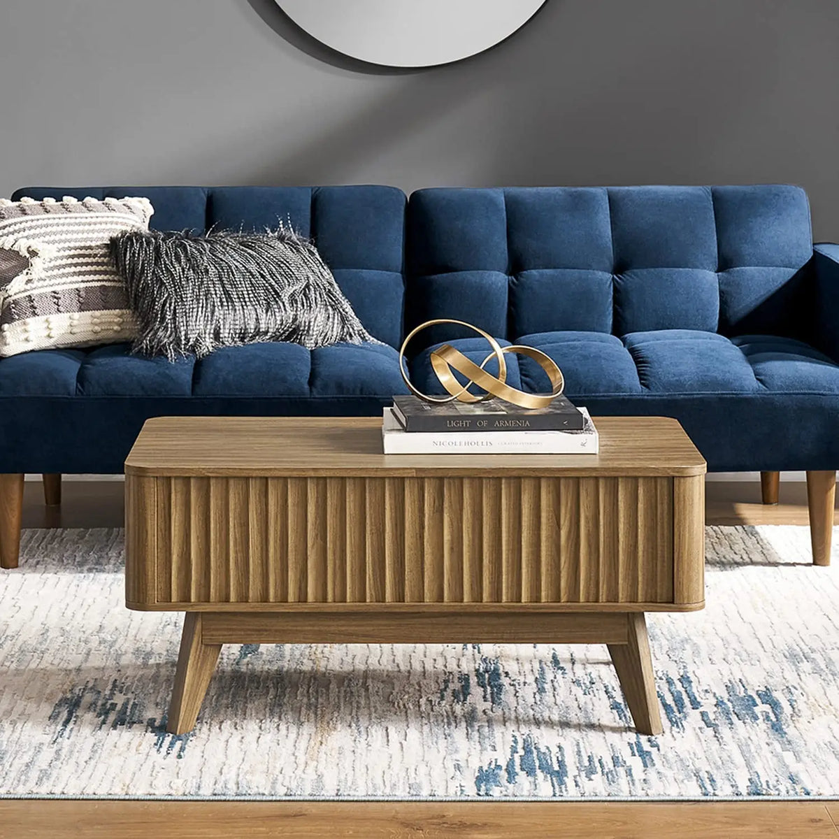 Belmont Collection | Tapered-Leg Atomic-Era Walnut Lift-Top - styled from an alternate angle revealing dimensional depth in a Mid-Century Modern living room setting.