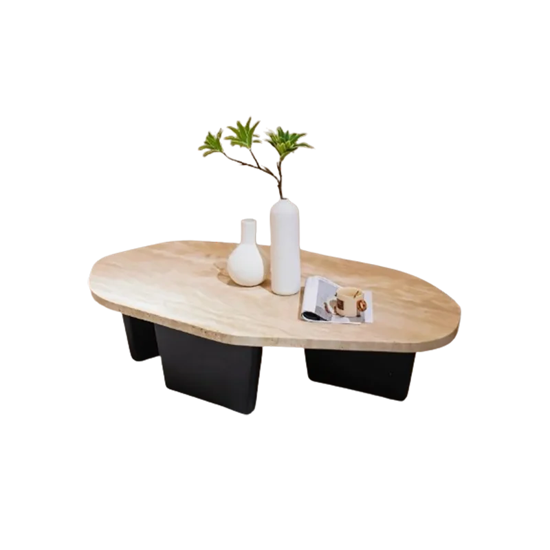 Meridian Collection | Tapered-Leg Oval Walnut Oval Coffee Table - framed in an editorial still-life composition in a Mid-Century Modern living room setting.