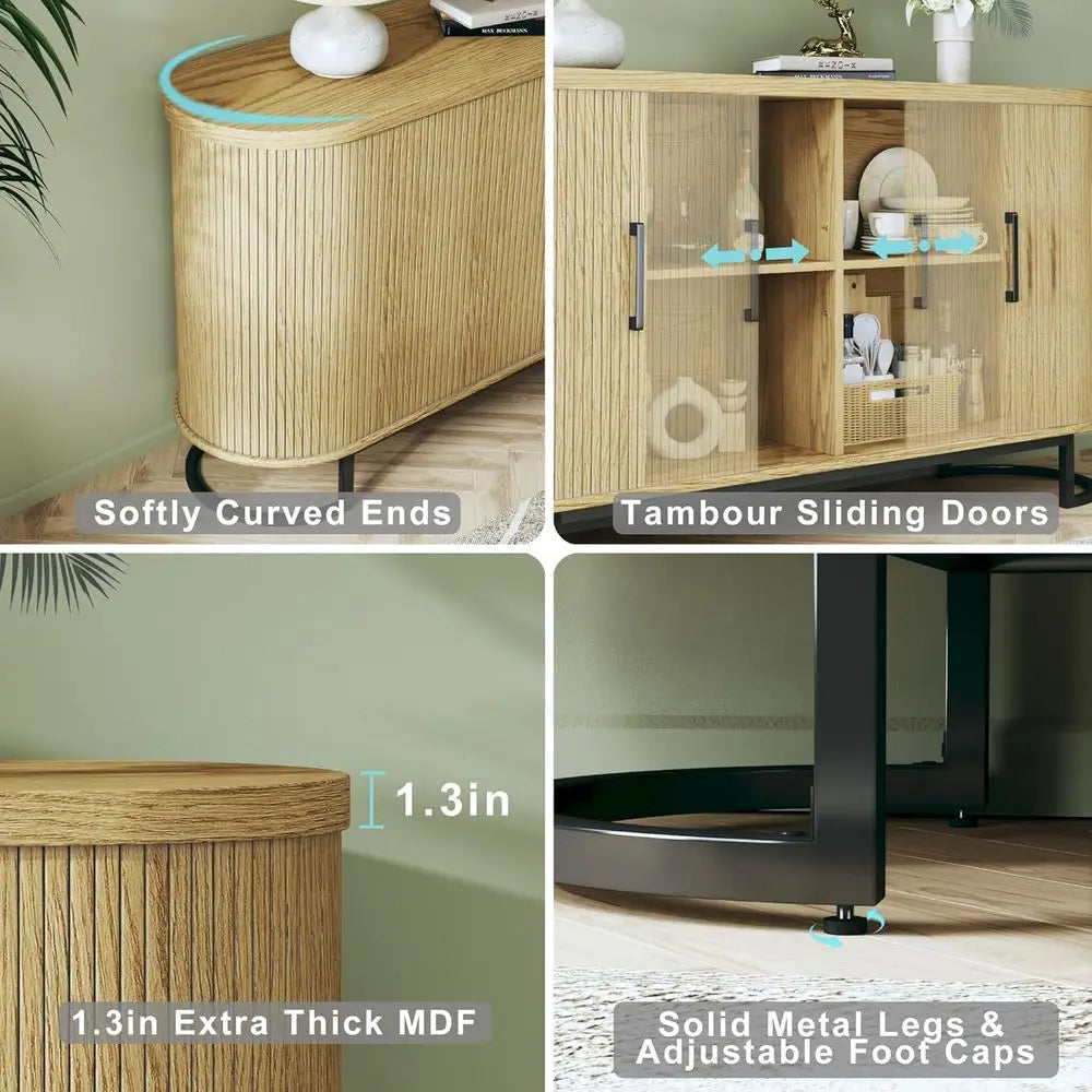 Dresden Collection | Fluted Atomic-Era Fluted Walnut Sideboard - styled from an alternate angle revealing dimensional depth in a Mid-Century Modern living room setting.