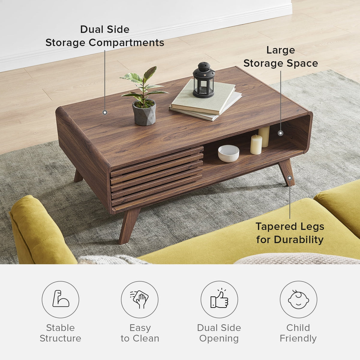 Ensley Mid-Century Modern Coffee Table with Dual Side Storage, Centerpiece for Your Living Room Walnut