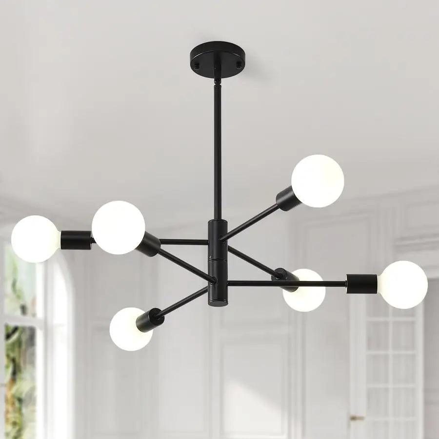Astoria Collection | Geometric Steel-Framed Matte Black Sputnik Chandelier - styled from an alternate angle revealing dimensional depth in a Mid-Century Modern living room setting.