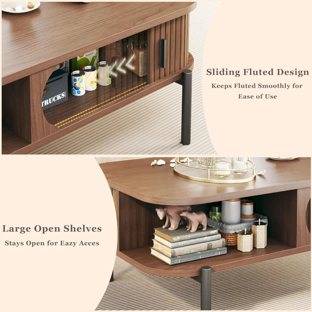 Fontaine Collection | Fluted Atomic-Era Fluted Walnut Coffee Table - featuring close-up joinery and artisanal finish quality in a Mid-Century Modern living room setting.