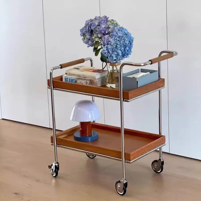 Belmont Collection | Geometric Atomic-Era Solid Walnut Rolling Tea Cart - featuring close-up joinery and artisanal finish quality in a Mid-Century Modern living room setting.