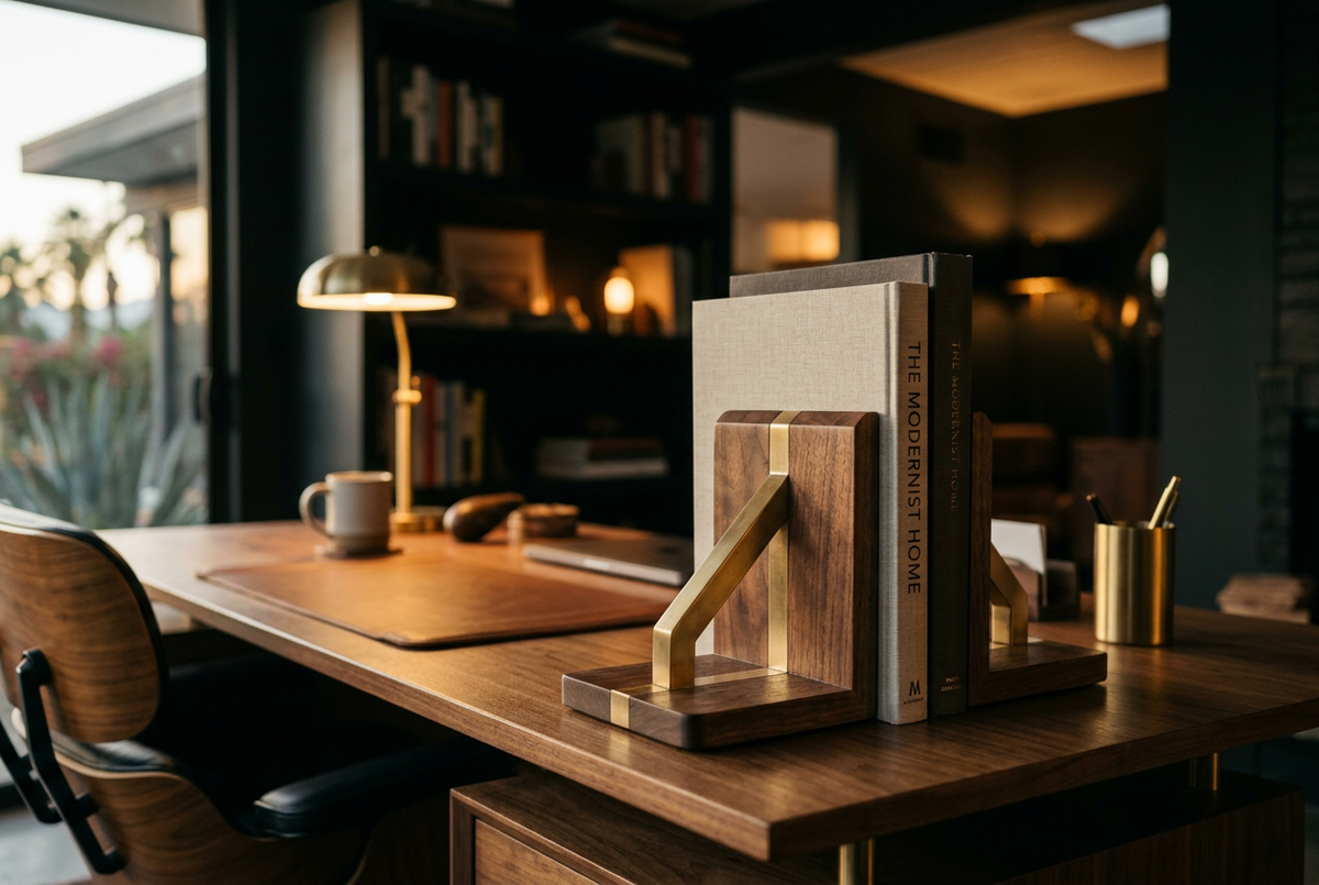 Walnut & Brass Sculptural Bookends | Penguin Deco