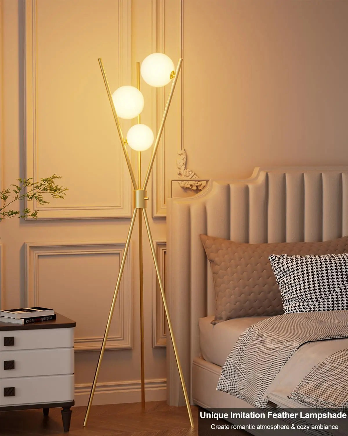Ellington Collection | Hairpin-Legged Brass-Accented Brushed Brass Tripod - styled from an alternate angle revealing dimensional depth in a Mid-Century Modern living room setting.