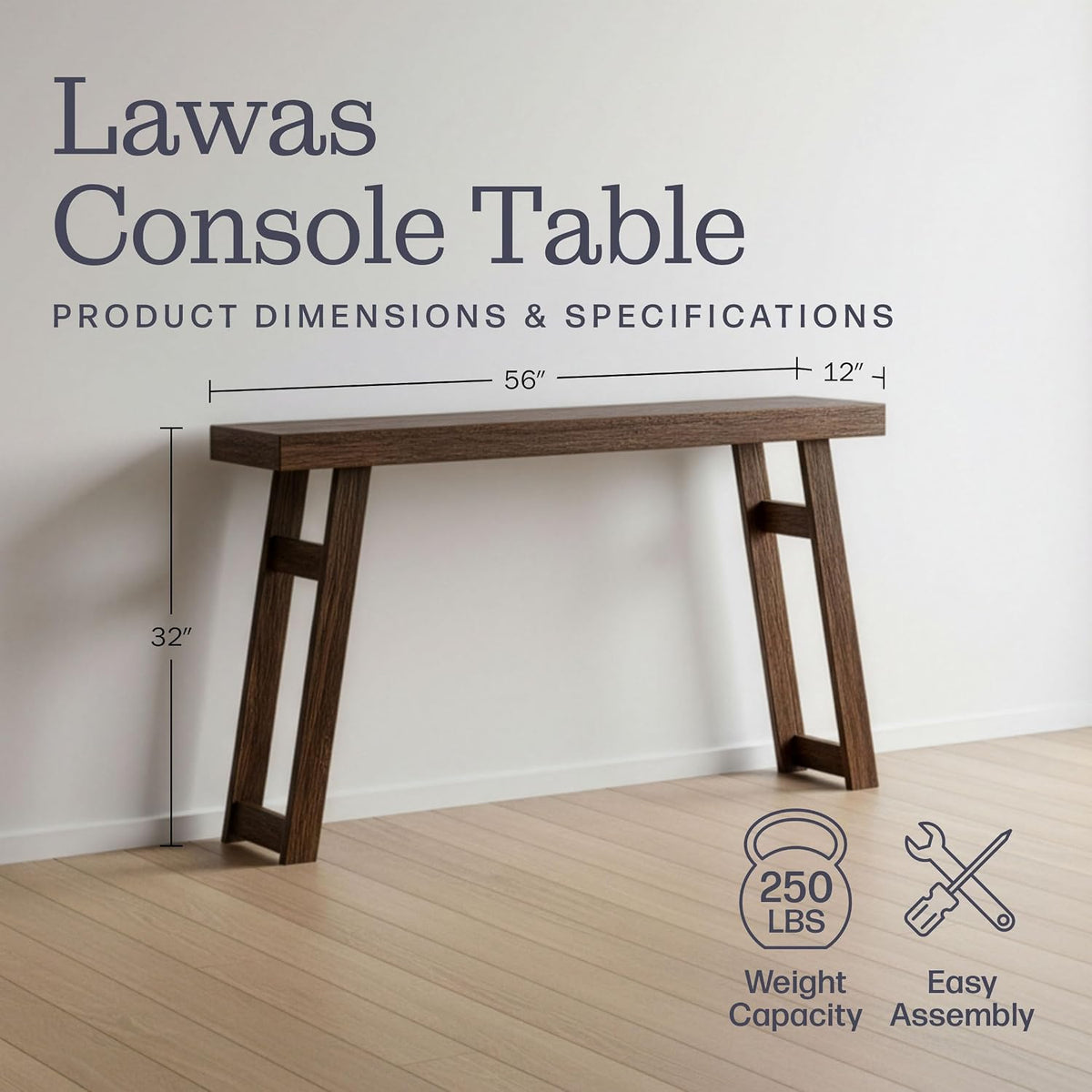 Lawas Solid Wood Console Table - 56 Inch Modern Farmhouse Entryway Table - Easy Assembly Living Room Furniture for behind the Couch, Entryway, or Hallway (Brown)