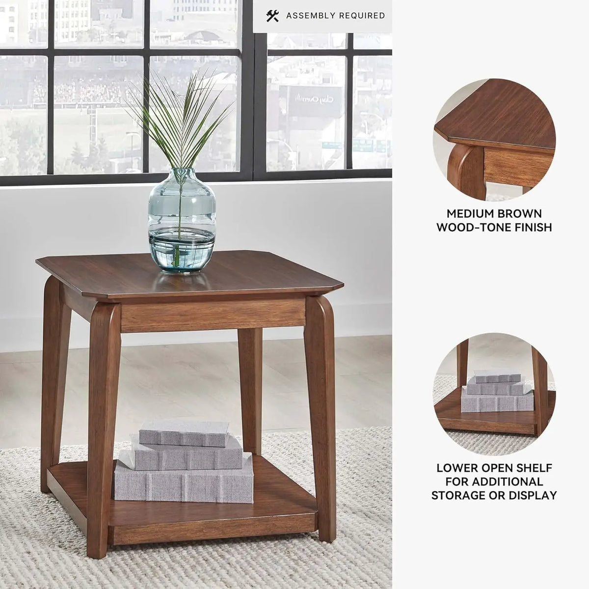 Dresden Collection | Tapered-Leg Atomic-Era Walnut End Table - featuring close-up joinery and artisanal finish quality in a Mid-Century Modern living room setting.