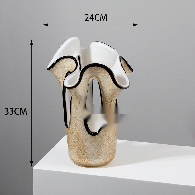 Elegant Petal-Shaped Light Brown Vase with Black Edging