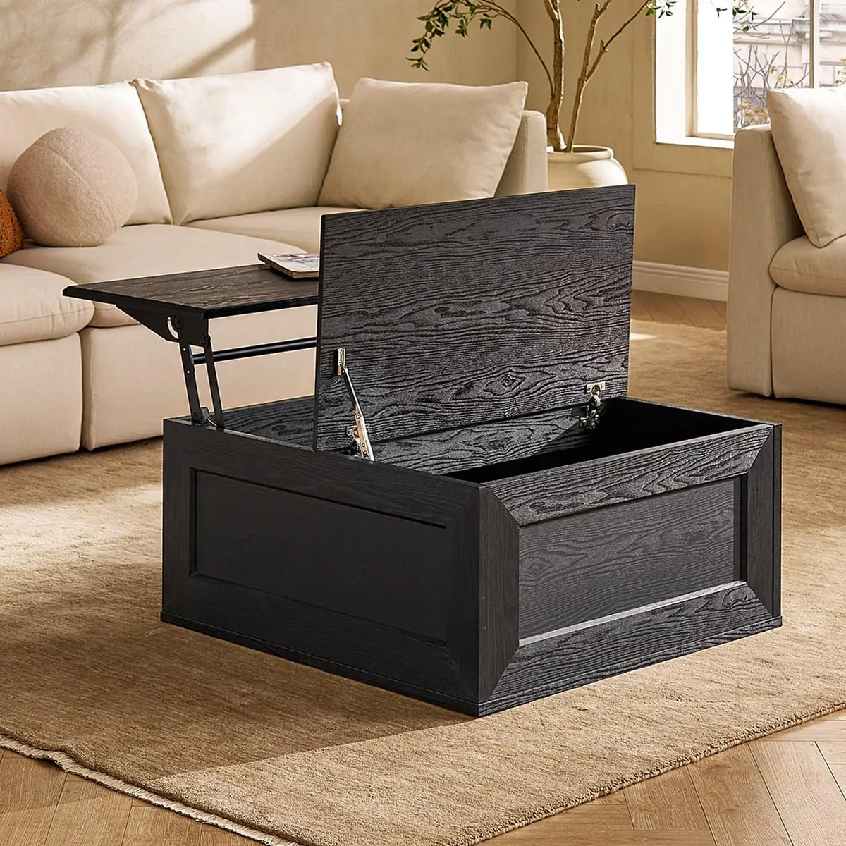 Belmont Collection | Tapered-Leg Atomic-Era Walnut Lift-Top - detail view 14 revealing design nuance in a Mid-Century Modern living room setting.