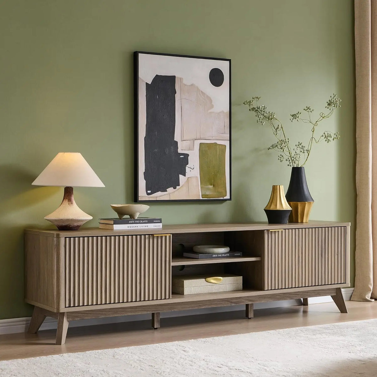 Dresden Collection | Fluted Atomic-Era Fluted Walnut Console - demonstrating proportional harmony within the collection in a Mid-Century Modern entryway setting.