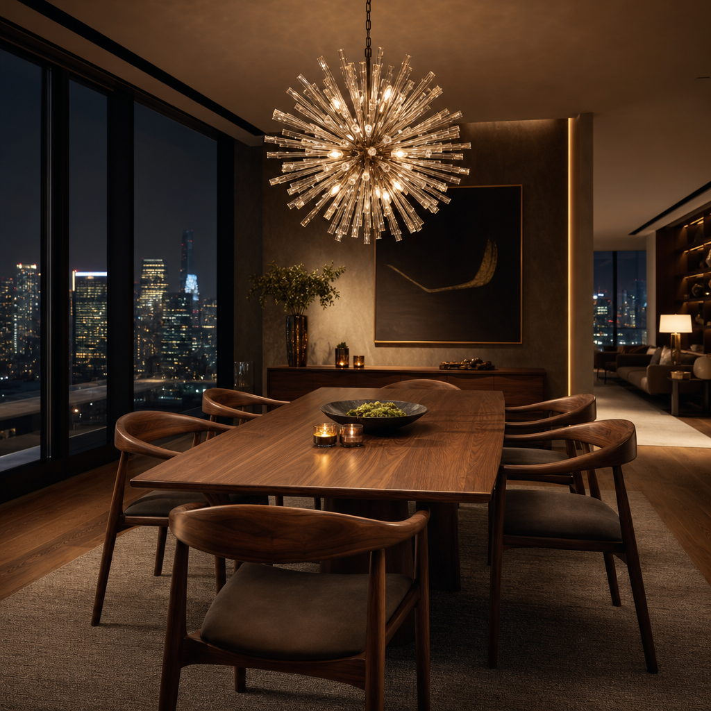 Meridian Collection | Sculptural Round Walnut Racetrack Table - styled from an alternate angle revealing dimensional depth in a Mid-Century Modern living room setting.