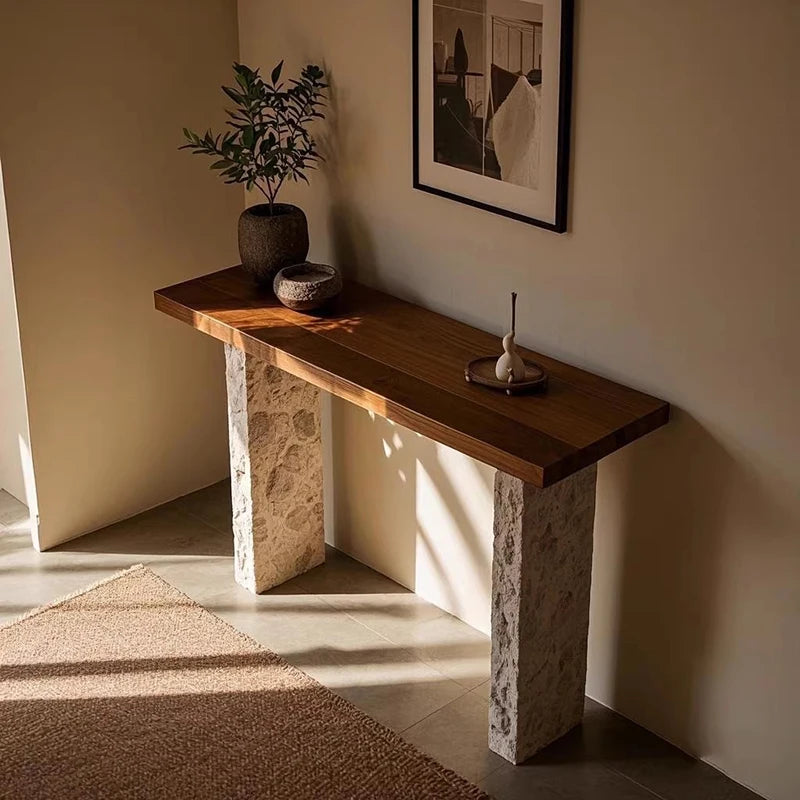 Fontaine Collection | Tapered-Leg Japanese-Inspired Wabi-Sabi Console - framed in an editorial still-life composition in a Mid-Century Modern entryway setting.