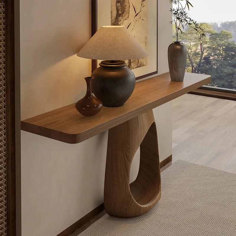 Valencia Collection | Architectural Walnut Console Table - highlighting material texture and craftsmanship detail in a Mid-Century Modern entryway setting.