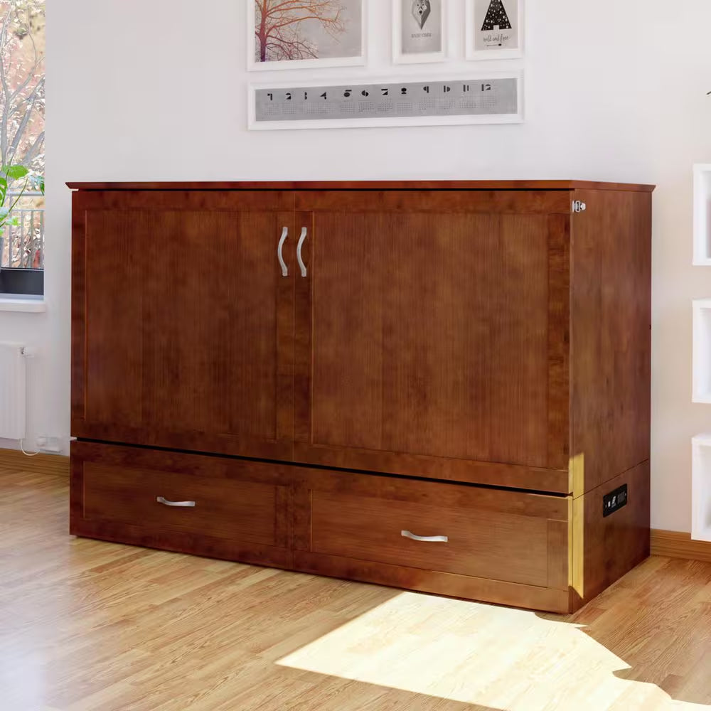 Hamilton Walnut Brown Wood Frame Queen Murphy Bed Chest with 6 In. Mattress, Storage and Built-In Charger