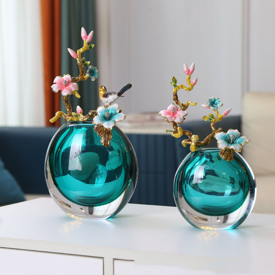 Astoria Collection | Geometric Glass-Topped Hand-Blown Glass Vase - showcasing full sculptural form and curated finish in a Mid-Century Modern living room setting.
