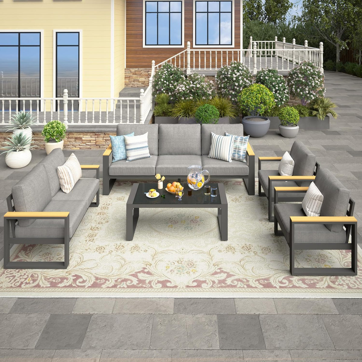 Aluminum Outdoor Patio Furniture Set 7 Seater, Modern Outdoor Conversation Sets with Glass Coffee Table, Metal Outdoor Furniture for Porch Backyard Garden Pool, Grey