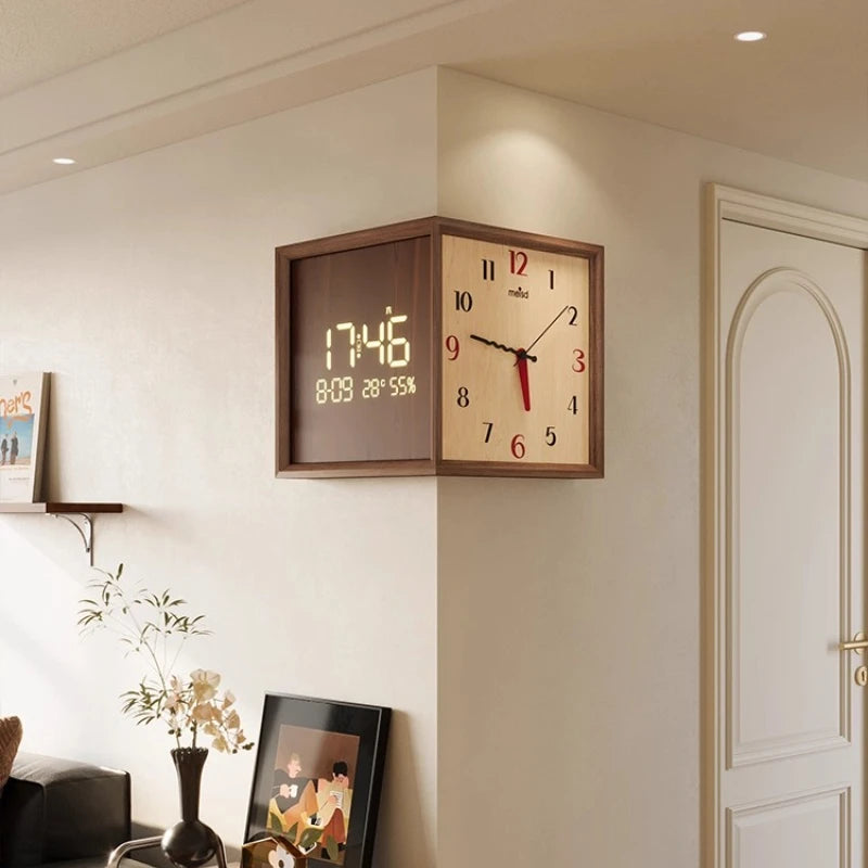 Dresden Collection | Geometric Atomic-Era Walnut Digital Clock - captured in a curated lifestyle vignette in a Mid-Century Modern living room setting.