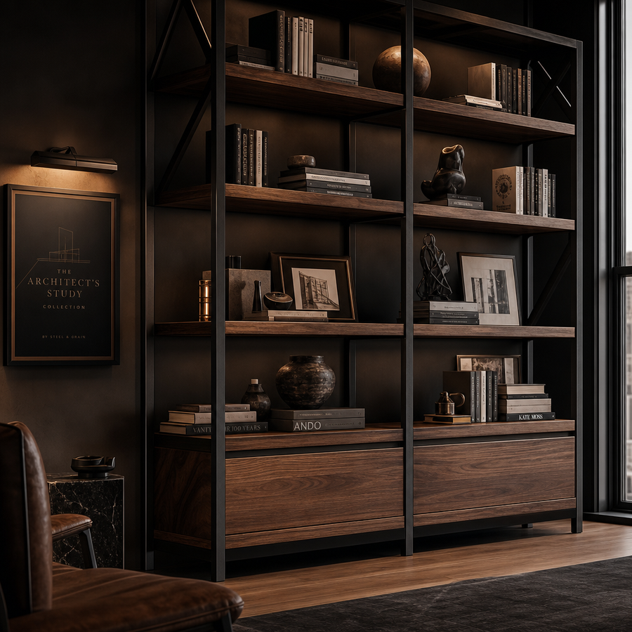 Dresden Collection | Geometric Steel-Framed Steel & Walnut Tower - showcasing full sculptural form and curated finish in a Mid-Century Modern living room setting.