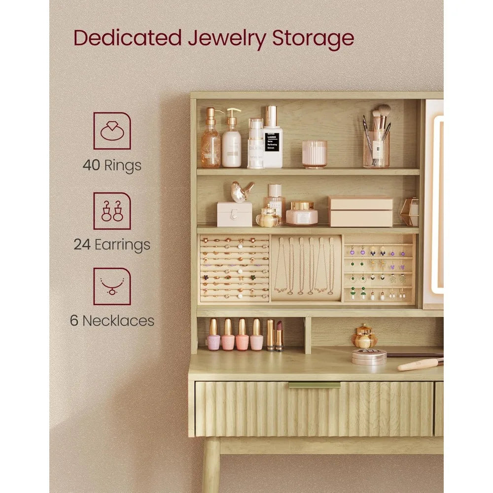 Elegant Mid-Century Modern Vanity Desk with Sliding Mirror & Integrated Lighting