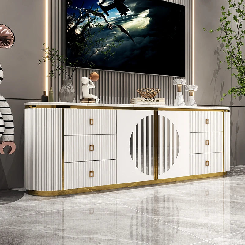 Belmont Collection | Tapered-Leg Brass-Accented Rich Walnut Media Console - highlighting material texture and craftsmanship detail in a Mid-Century Modern entryway setting.