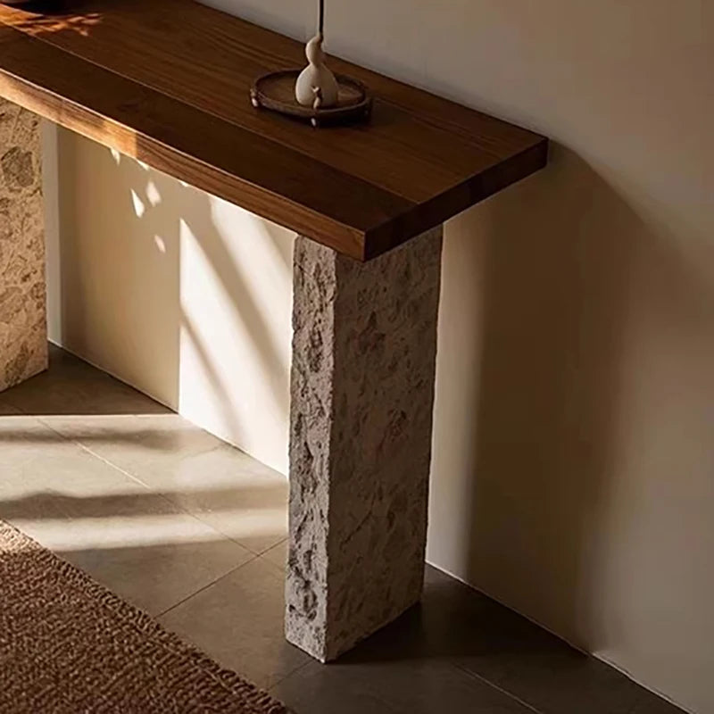 Fontaine Collection | Tapered-Leg Japanese-Inspired Wabi-Sabi Console - captured in a curated lifestyle vignette in a Mid-Century Modern entryway setting.
