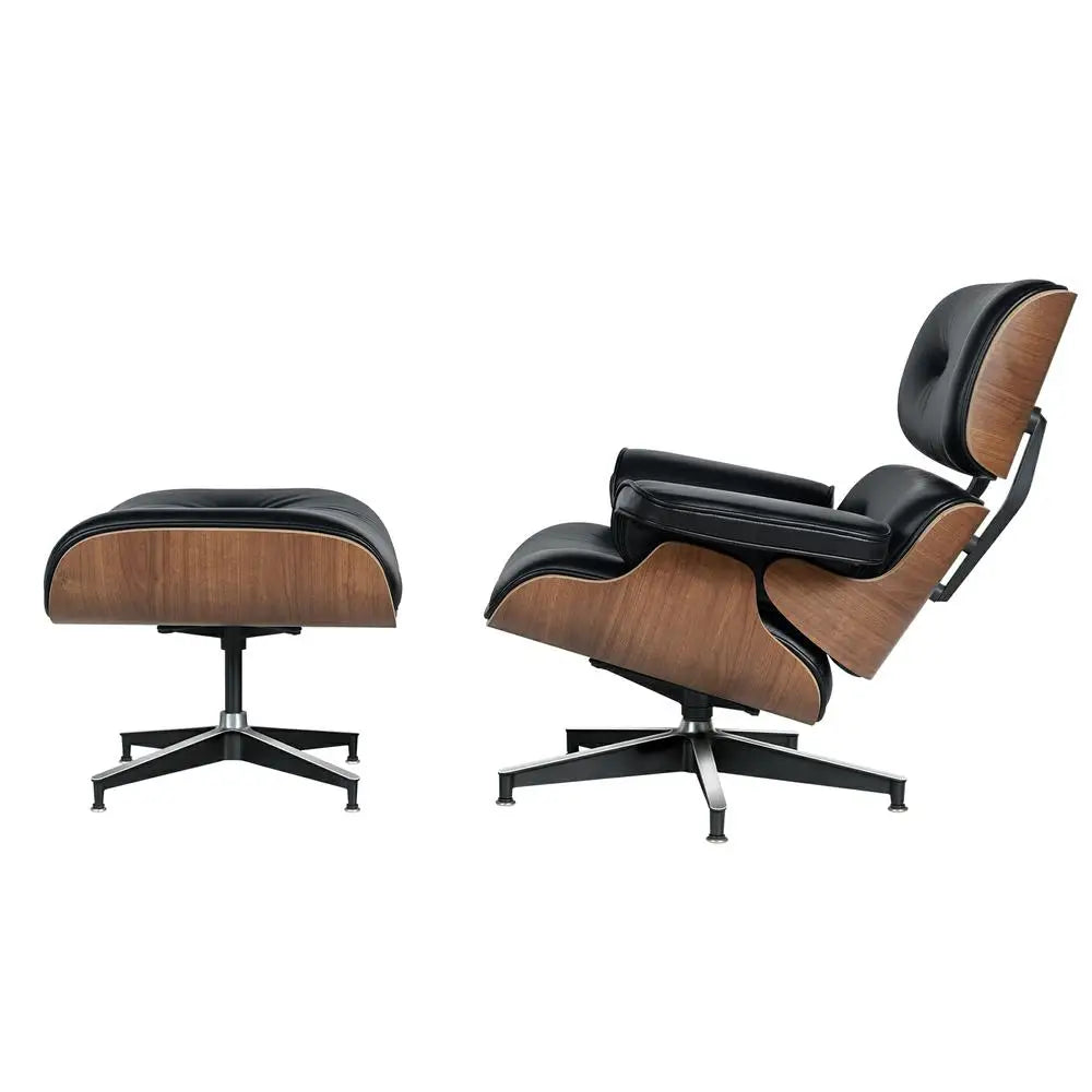 Dresden Collection | Sculptural Leather-Wrapped Cognac Leather Lounge Set - framed in an editorial still-life composition in a Mid-Century Modern living room setting.