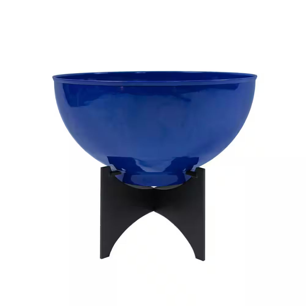 16In.W X 13.75In.H, round French Blue Galvanized Steel Planter Bowl W/Black Wrought Iron Plant Stand, Indoor Outdoor Use