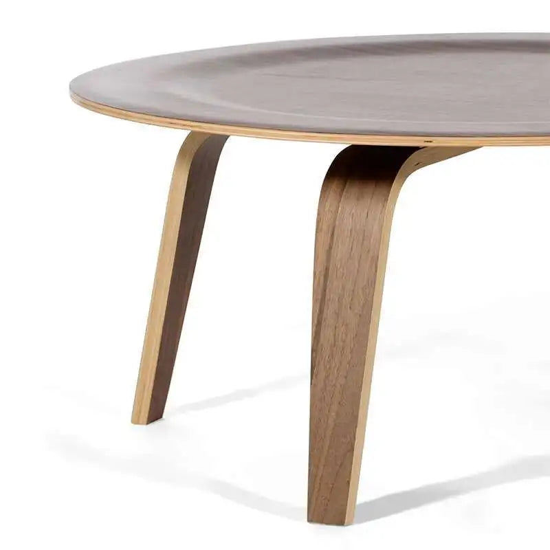 Dresden Collection | Geometric Circular Nordic Round Wood Coffee Table - highlighting material texture and craftsmanship detail in a Mid-Century Modern living room setting.