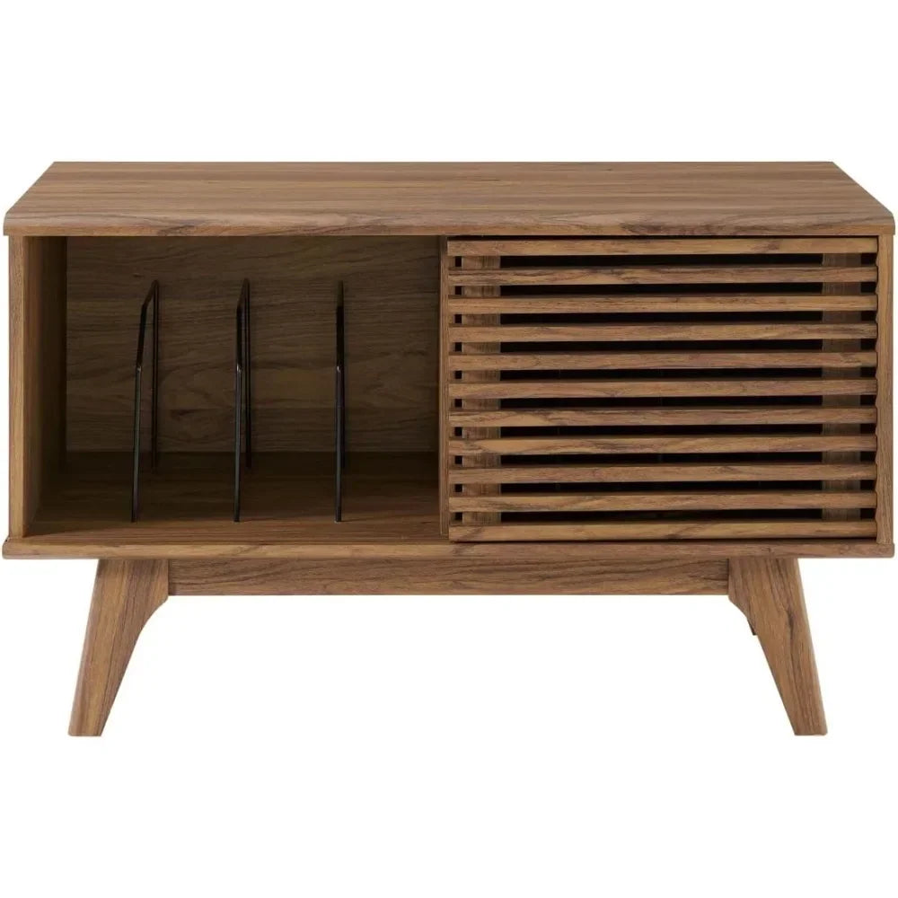 Dresden Collection | Sculptural Atomic-Era Walnut Record Stand - styled from an alternate angle revealing dimensional depth in a Mid-Century Modern living room setting.