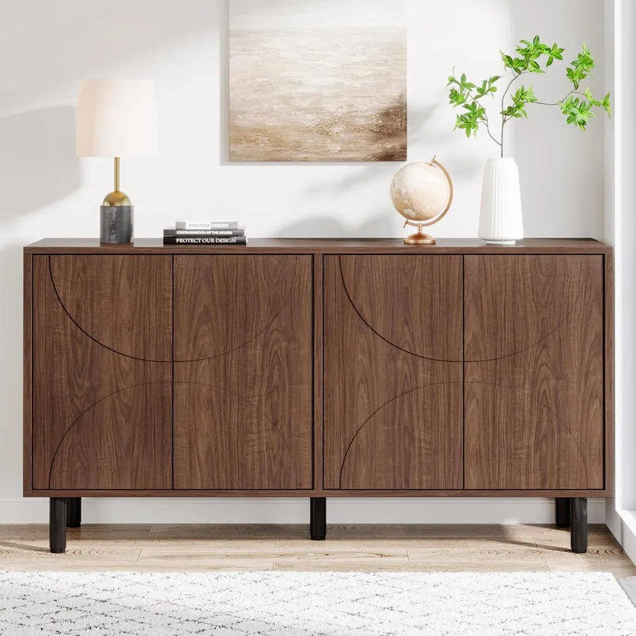 Fontaine Collection | Tapered-Leg Brass-Accented Walnut Sideboard - showcasing full sculptural form and curated finish in a Mid-Century Modern living room setting.