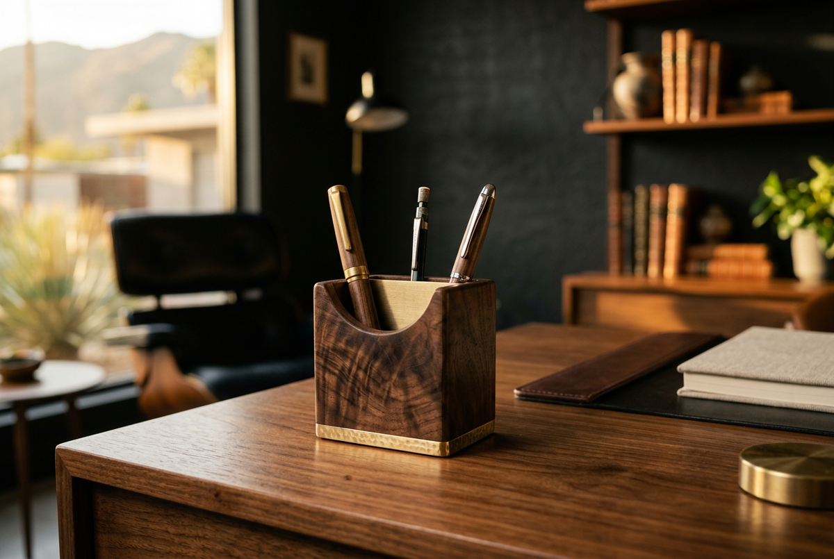 Walnut Pen Holder with Brass Accent | Artisan Caddy