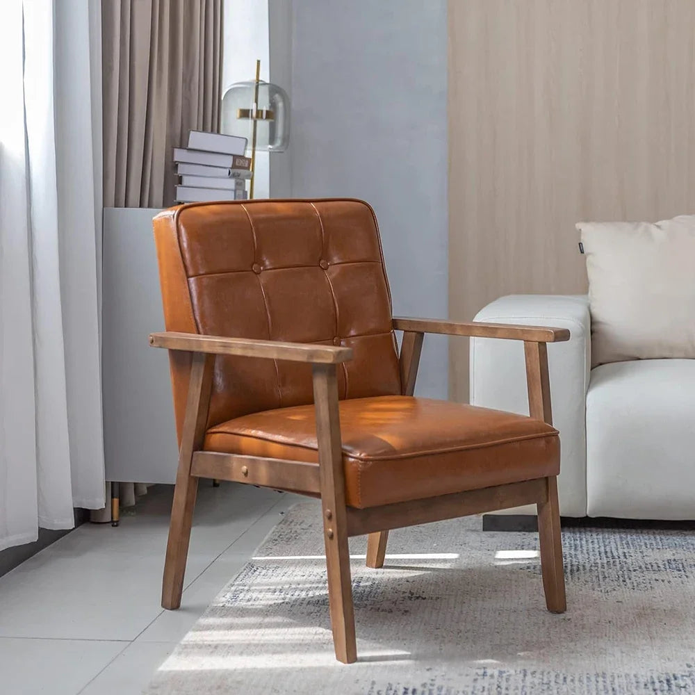 Belmont Collection | Sculptural Leather-Wrapped Cognac Leather Accent Chair - detail view 13 revealing design nuance in a Mid-Century Modern living room setting.