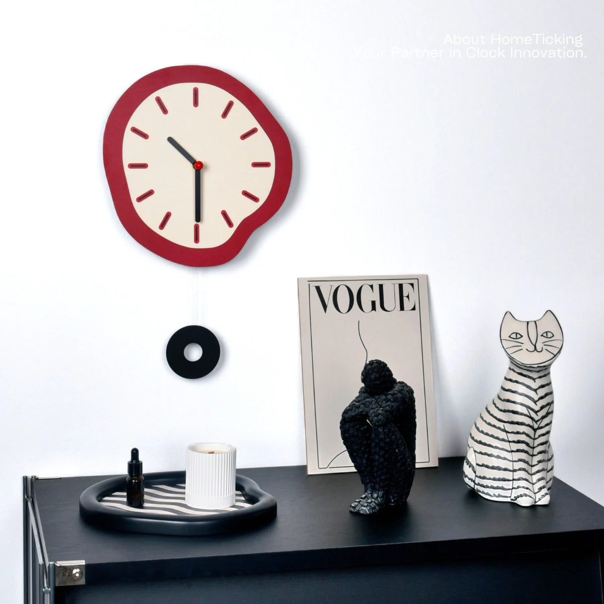 Astoria Collection | Sculptural Brass-Accented Walnut Wall Clock - featuring close-up joinery and artisanal finish quality in a Mid-Century Modern living room setting.