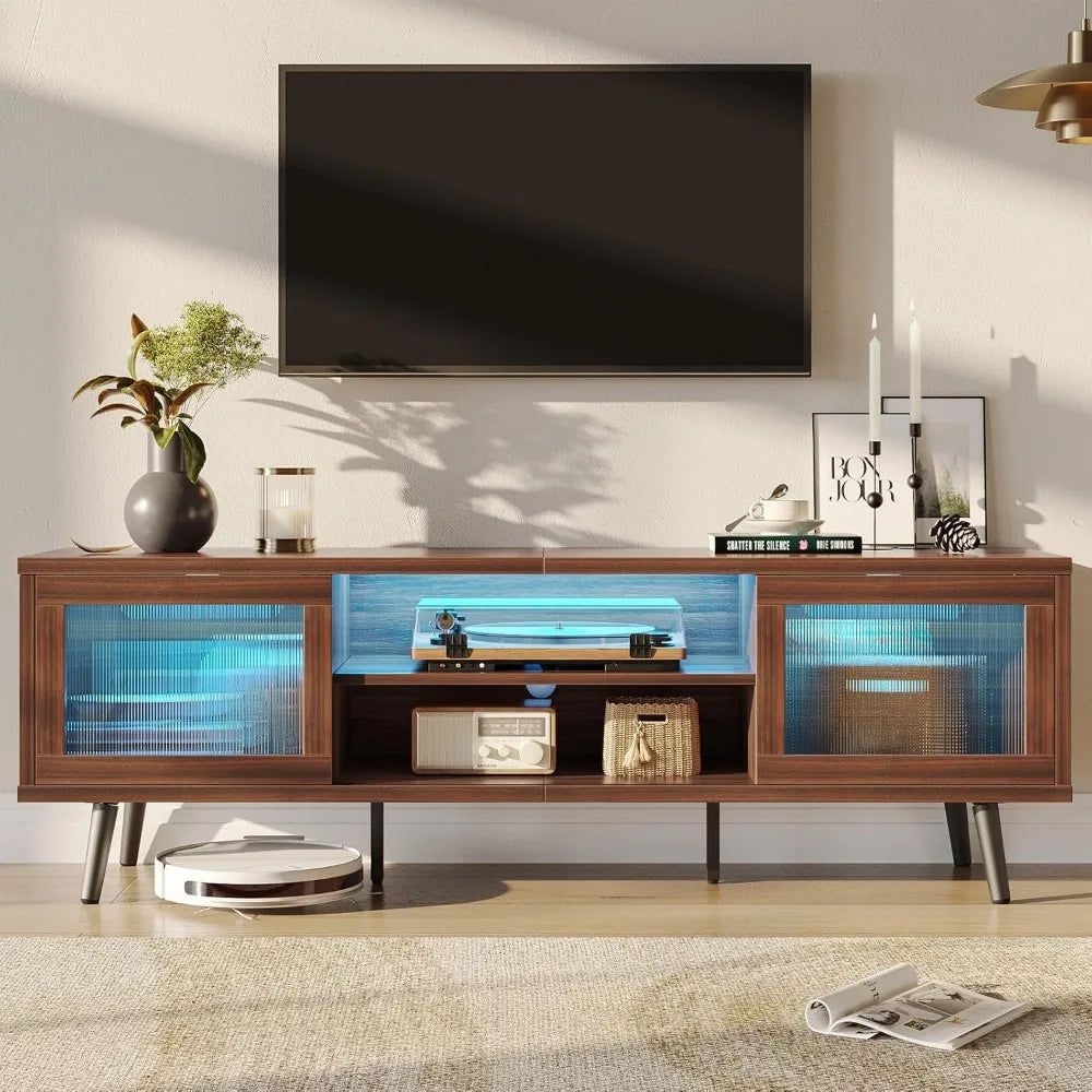 Harlow Collection | Floating California Walnut TV Stand with LED Lighting - featuring close-up joinery and artisanal finish quality in a Mid-Century Modern living room setting.